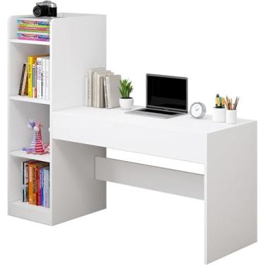Imagem de Mesa de escritório simples com estante de armazenamento multicamadas, combinação de mesa multifuncional para laptop, mesa de trabalho, organizadores de mesa, uma cor, 132 cm