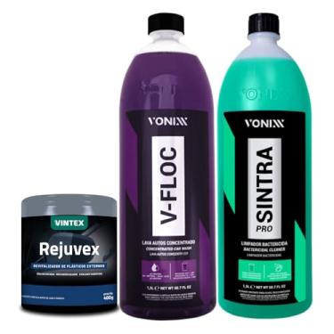 Imagem de Vonixx Kit Limpeza Automotiva, Rejuvex Revitalizador de Plasticos 400g, Shampoo Concentrado V-Floc 1,5L, Sintra Pro Concentrado 1,5L