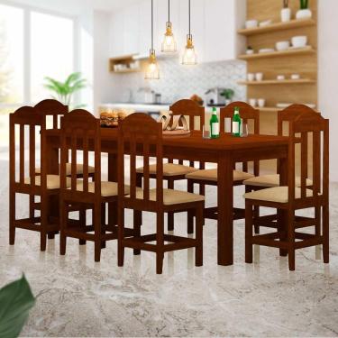 Imagem de Mesa De Jantar Retangular 8 Lugares Estofados Madeira Maciça Safira Castanho Jm Móveis