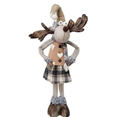 Imagem de Rena Em Pé Rústico Cinza E Marrom, Saia Xadrez, Braços E Gorro Maleável 60cm - Cromus