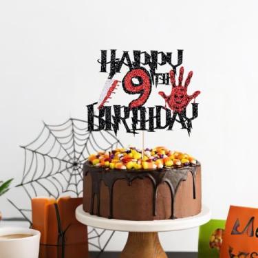 Imagem de Black Glitter Killer Happy 10th Birthday Cake Topper, Halloween Zombie Vampire Bloody Friday Birthday Decor, faca e máscara, glitter de um lado (Killer Happy Birthday, 9)