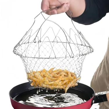 Imagem de Coador de malha dobrável de aço inoxidável para cozinhar a vapor – Ferramenta de cozinha versátil para fritar, cozinhar a vapor e coar, 23 x 12 x 16 cm