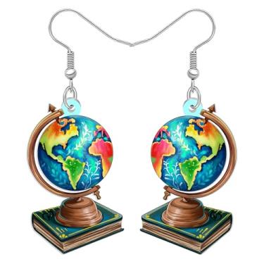 Imagem de DALANE Brincos pendentes de acrílico vintage planeta terra globo mundial aquarela design mapa do mundo geografia livro professor joias presentes de apreciação para mulheres amantes de livros roupa do