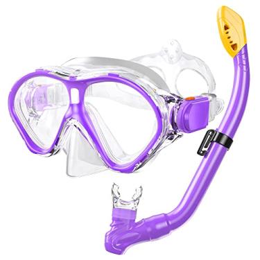 Imagem de Conjunto de Snorkel Infantil Gintenco, Máscara de Snorkel de Cano Seco, Anti-Vazamento para Crianças Júnior, Anti-Neblina, Sem Engrenagem, Respiração de Vidro Temperado, Óculos de Mergulho para Mergulho e Vista Panorâmica 180°, Roxa