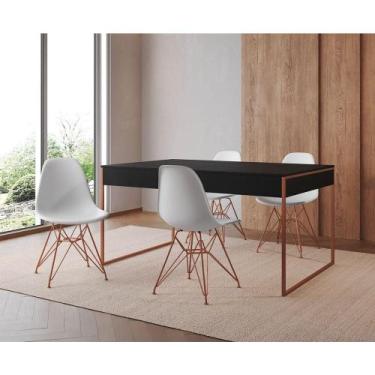 Imagem de Mesa Jantar Industrial Retangular Preta 137X90Cm Com 4 Cadeiras Branca