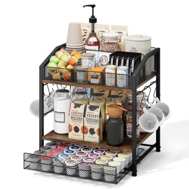 Imagem de Homsorout Organizador de café – Estação de café de bancada, cesta de armazenamento de 42 K com gaveta e ganchos para xarope, xícaras, agitador, condimento, organizador de chá, preto e marrom