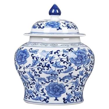 Imagem de AKALNNB Vaso de gengibre clássico de porcelana azul e branco com tampa, vaso de flores para decoração de mesa, vasos de cerâmica, pote de mesa de centro de mesa