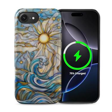 Imagem de ZHEGAILIAN Capa compatível com iPhone 16e, [compatível com MagSafe], capa rígida híbrida de 2 camadas para meninas meninos mulheres homens, ondas e raios solares design vitral capa de telefone