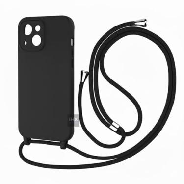 Imagem de Capa Case Capinha Para iPhone 14 Silicone Com Cordão Alça De Pescoço Ajustável Veludo Premium (PRETO)