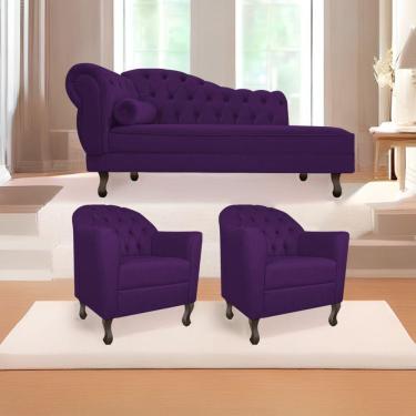 Imagem de Kit Diva Recamier Diana 130Cm Lado Direito E 02 Poltronas Julia Suede - Doce Sonho Móveis Roxo