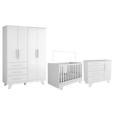 Imagem de Dormitório Infantil Retrô Guarda Roupa, Cômoda E Berço Branco Brilho - Móveis Peroba