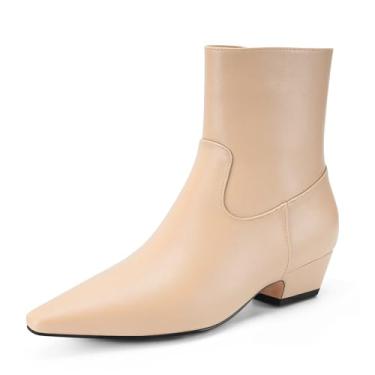 Imagem de Perisis Bota feminina de cano curto, bico fino, grosso, salto baixo, confortável, casual, com zíper lateral, PU creme, 36
