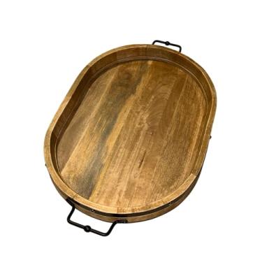 Imagem de Bandeja oval extra grande de 51 x 61 cm, madeira de manga maciça, bandeja de servir rústica estilo casa de fazenda natural para chá, café da manhã na cama, mesa de centro, alças decorativas e alça de