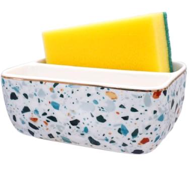 Imagem de LEAZUL Suporte de esponja de cerâmica com 2 compartimentos para pia de cozinha, bonito suporte de esponjas florais para bancada e sabonete, organizador de pia de fazenda (terraço azul)