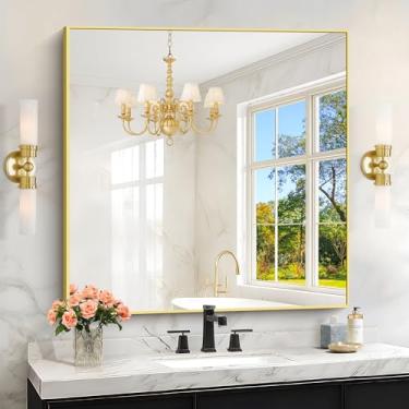 Imagem de KOCUUY Espelho de banheiro grande dourado, espelho quadrado de 91 x 91 cm para pia de banheiro, espelho de parede grande com moldura dourada de metal para sala de estar, fazenda, entrada, pendurar