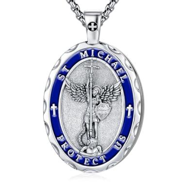 Imagem de OigvcoTe Colar com pingente de São Miguel, banhado a ouro 24K com esmalte vermelho, corrente de 40 cm, medalha de proteção religiosa, formato oval, 44 Millimeters, Metal, Zircônia cúbica