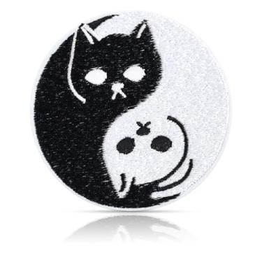Imagem de Remendo para gatos Yin Yang, bordado preto e branco gatinho taoísta, 7 cm redondo para passar a ferro ou costurar na moral para jaquetas, mochilas, chapéus, acessório exclusivo com tema de equilíbrio