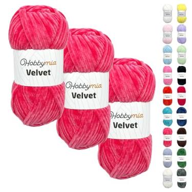 Imagem de HobbyMia Veludo - fio de chenille para crochê - 100 g / 132 jardas - (6) super volumoso - fio fofo para crochê - cobertor de bebê, amigurumi, xale (rosa - rosa louco, 3 novelos)