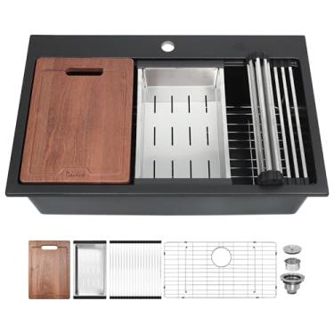 Imagem de Davivy Estação de trabalho de pia de cozinha de granito preto de 76 cm, pia de montagem superior composta de granito, tigela única grande profunda com acessórios, 76 x 48 x 25 cm