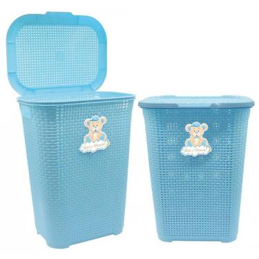 Imagem de Cesto Rattan Azul 30 L Bebê Mamãe Com Tampa E Alças Laterais Para Quar