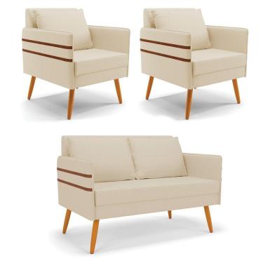 Imagem de Kit 01 Namoradeira E 02 Poltronas Linho Bege A19 Castanho