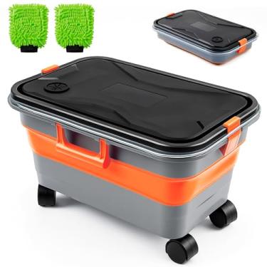 Imagem de Maxdot Pacote com 3 balde dobrável de 14 litros para lavagem de carro, inclui 1 balde de lavagem de carro com rodas e alça, 2 lavagens de microfibra de luva, limpeza de esfregão multiuso dobrável para