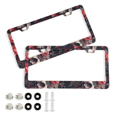 Imagem de SEHANY Molduras de placa de carro vintage rosa crânio, capas de alumínio à prova de ferrugem com furos elípticos e parafusos serve para veículos padrão dos EUA tamanho acessórios de carro para