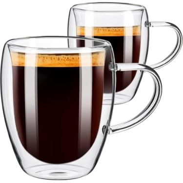 Imagem de Conjunto de 2 canecas de café, caneca de café de parede dupla 340 g, canecas de café de vidro com alça, caneca de café isolada para cappuccino/latte/café, xícaras de café de vidro borossilicato para