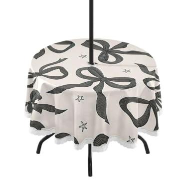 Imagem de Qilmy Toalha de mesa redonda impermeável com laço de fita preta de 152 cm com orifício para guarda-chuva e zíper – uso externo / interno resistente para pátio, churrascos, piqueniques, festas (serve