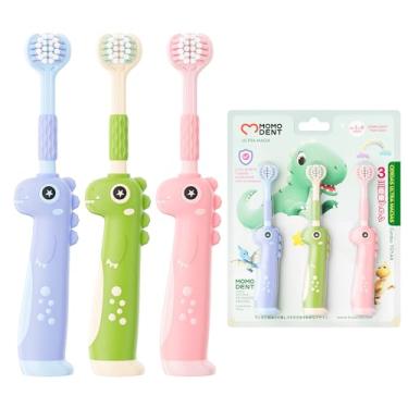 Imagem de MOMODENT Escova de Dente Infantil 3 Lados, Kit 3 Unidades, Cerdas Ultra Macias, para Crianças 3 a 8 Anos, Design de Dinossauro, Cabo Antiderrapante, Portátil para Viagem, Livre de BPA