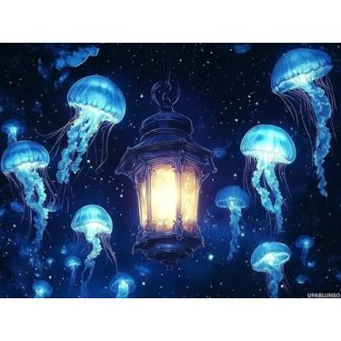 Imagem de Kits de pintura de diamante para adultos, lanterna 5D e medusa azul, kits de arte de diamante para adultos iniciantes, pinturas de diamante DIY com diamantes imagem pedra preciosa decoração de