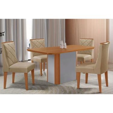 Imagem de Sala Jantar Mesa Pietá Tampo Curvo 120cm+4 Cadeiras Pietá Madeira Naturale/Off White - Capuccino/Linho Bege - Rufato