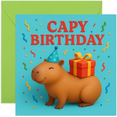 Imagem de Capybara Funny Happy Birthday Card, Capy Bday Gift for Him Her Wife Husband Friend - quadrado, em branco por dentro com envelope premium