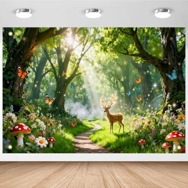 Imagem de Avezano Primavera Encantada Floresta Fundo Fada Encantada Floresta Decoração Festa Banner Cogumelo Borboleta Floresta Fada Banner para Crianças Meninas Decoração de Festa de Aniversário (2,4 x 1,8 m)