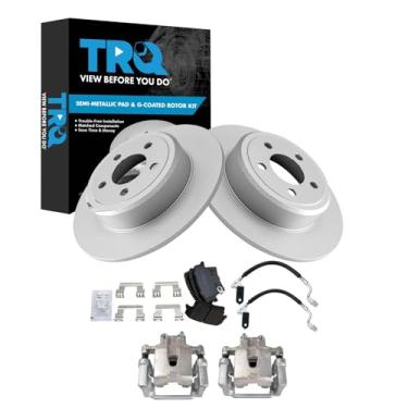 Imagem de TRQ Kit de pastilha de freio traseiro e rotor semi-metálico premium revestido com G compatível com Chrysler 300 2010-2015 Dodge Challenger 2006-2016 Charger 2005-2008 Magnum