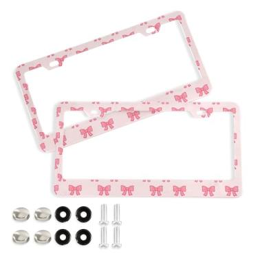 Imagem de SEHANY Lindas molduras de placa de licença de laço rosa, moldura de placa de carro de alumínio à prova de ferrugem com orifícios elípticos e parafusos serve para veículos padrão dos EUA tamanho