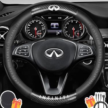 Imagem de Capa de volante compatível com Infiniti, couro napa premium e textura de fibra de carbono brilhante capa de volante com 2 porta-copos e cabo USB de carregamento rápido (preto)