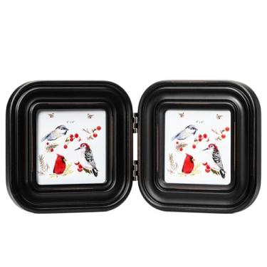 Imagem de ibalux Porta-retrato articulado duplo 10 x 10 cm com acabamento envelhecido e cantos arredondados, madeira maciça com vidro verdadeiro, mesa ou tela de mesa, preta