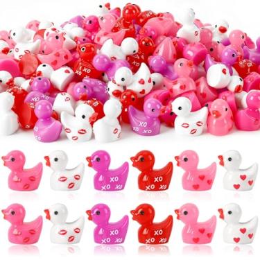 Imagem de JUNEBRUSHS 50 peças de mini patos de dia dos namorados, rosa e vermelho, minúsculos patos de resina, figuras de coração de pato, ornamentos em miniatura para encher vasos, fazer joias, artesanato