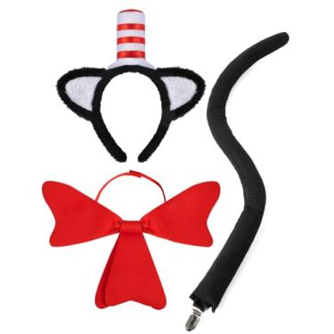 Imagem de Conjunto de acessórios de fantasia de gato com orelhas de gato, gravata borboleta vermelha, cauda preta, kit de fantasia de festa de cosplay de Halloween