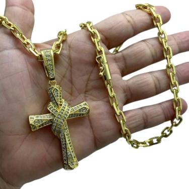 Imagem de Cordão 6Mm Cadeado + Pingente Cruz Amarrada - Banhado A Ouro