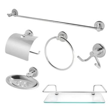 Imagem de Kit Acessórios Banheiro Inox 5peças + 1 Porta Shampoo Reto C - Congrat