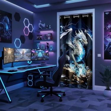 Imagem de Cortina de porta de dragão ocidental 3D para meninos e meninas, cortina de entrada relâmpago trovão 152 cm L x 203 cm C azul brilhante diamante blackout cortina dragão animal tapeçaria para corredor