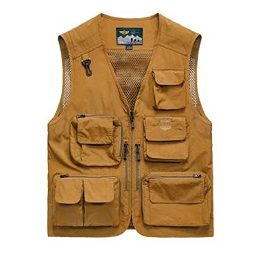 Imagem de Colete de pesca com bolsos fotografia ao ar livre jaqueta malha traseira colete utilitário de trabalho de verão jaqueta versátil, amarelo, GG