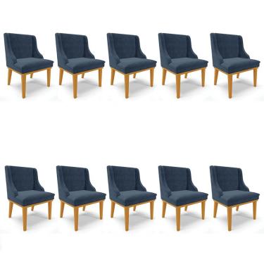 Imagem de Kit 10 Cadeiras Estofadas para Sala de Jantar Base Fixa de Madeira Castanho Lia Suede Azul Marinho -