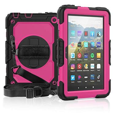 Imagem de Capa para tablet Capa protetora para fogo HD 8 2020. 36 camadas à prova de choque, kickstand giratório de 360 ​​graus e cinta de ombro da alça de mão PC +. Caso protetor de silicone para o Kindle Fire