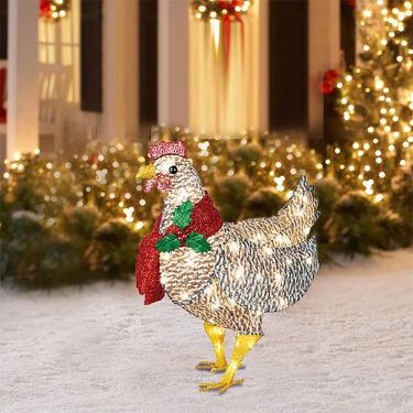 Imagem de 1 peça decoração de natal ao ar livre de frango iluminado, frango iluminado com cachecol, sinais de quintal com estacas enfeites de frango luzes led para presentes de natal jardim pátio gramado d