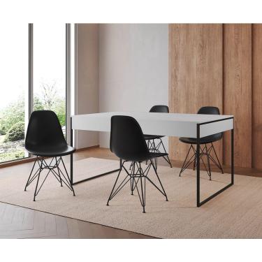 Imagem de Mesa Jantar Industrial Retangular 137X90Cm Branca Com 4 Cadeiras Pretas Base Ferro Cor: Branco