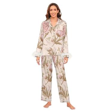 Imagem de GuoChe Conjunto de pijama feminino macio conjunto de pijamas femininos de cetim de seda pijama de festa única P vintage luxo flores rosa, Flores de luxo vintage rosa moderno, XXG
