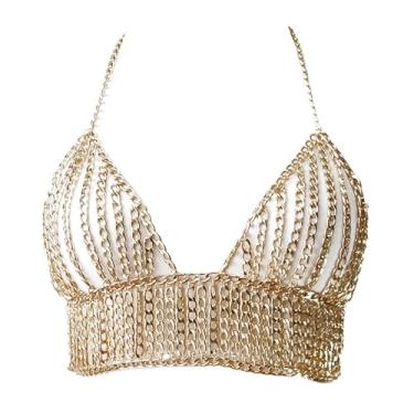 Imagem de Sinkcangwu Corrente corporal, moderna, feminina, boêmia, biquíni, costas nuas, sutiã com corrente de ombro, em camadas, verão, praia, acessórios corporais para meninas, Medium, Metal, Granito